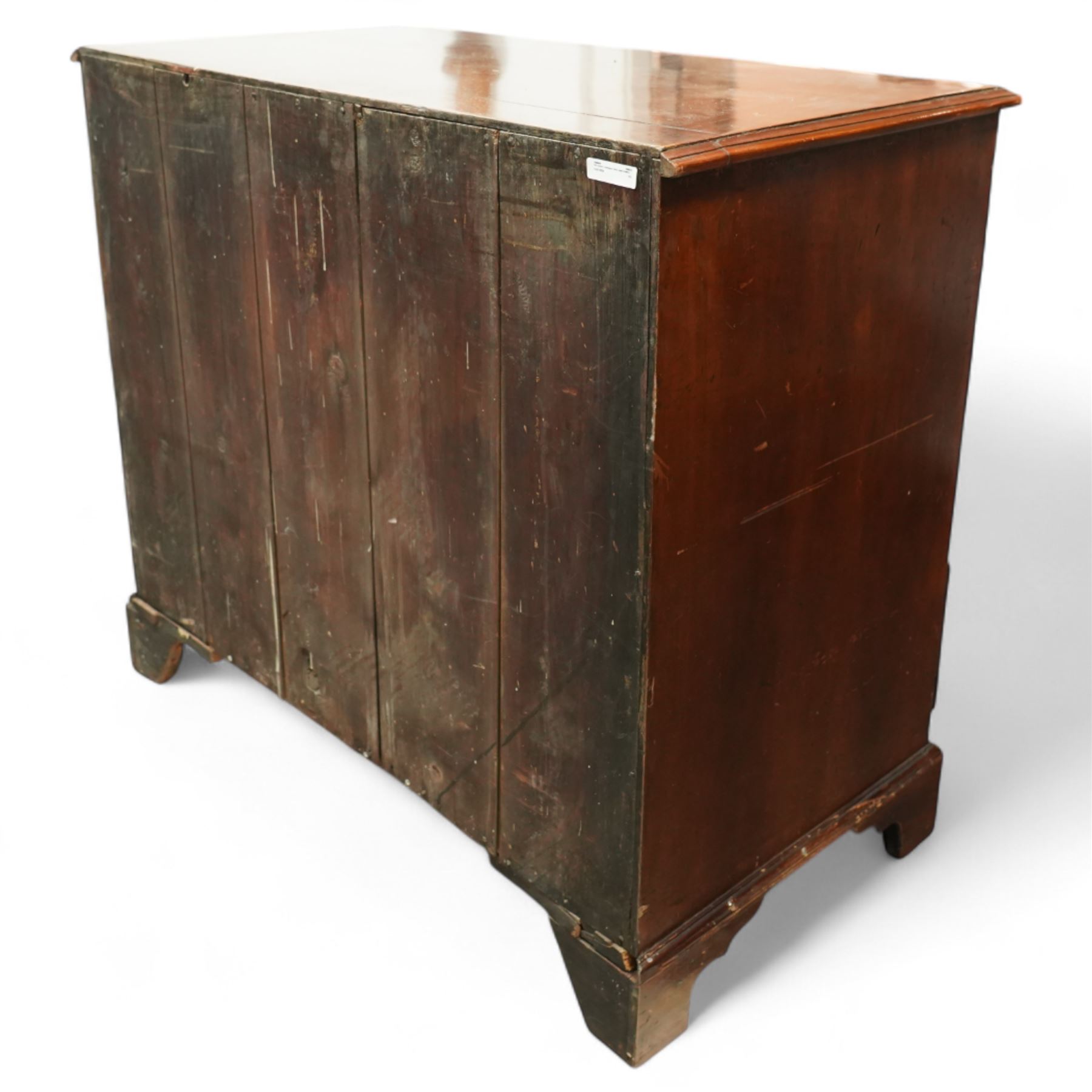 19th century mahogany chest, rectangular moulded top over two short and three long graduated drawers, each with satinwood stringing and shaped ebony inlaid panels, fitted with brass swan neck handles, raised on bracket feet