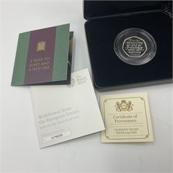 The Royal Mint United Kingdom 2020 'Withdrawal from the European Union' silver proof fifty pence coin and 2021 'The 150th Anniversary of the Royal Albert Hall' silver proof piedfort five pound coin, both cased with certificates