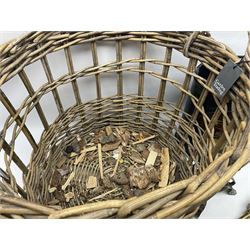 Twin handled wicker basket, together with fireside tools etc