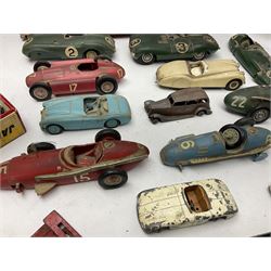 Various Makers - fourteen unboxed and playworn die-cast models including Wee-Kin Sunbeam Talbot, Corgi James Bond Aston Martin and ERF lorry, Dinky Thunderbolt Racing Car, Cadillac Eldorado, Cunningham C5-R, Lagonda etc; Minic tin-plate police car and jeep; other tin-plate models; Merit Plastic racing cars and quantity of spare parts etc