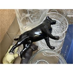 Royal Worcester Gold Chantilly pattern dish, Royal Doulton Naples pattern teapot, Beswick dogs (a/f), other ceramics and glassware to include Royal Doulton etc, die-cast to include Corgi etc, together with a quantity of cds, in five boxes