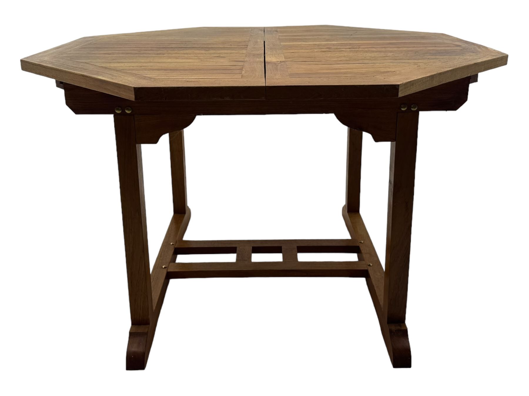 Extendable garden table, octagonal slatted top with central hinged folding leaf, on straight rectangular supports connected by double stretcher