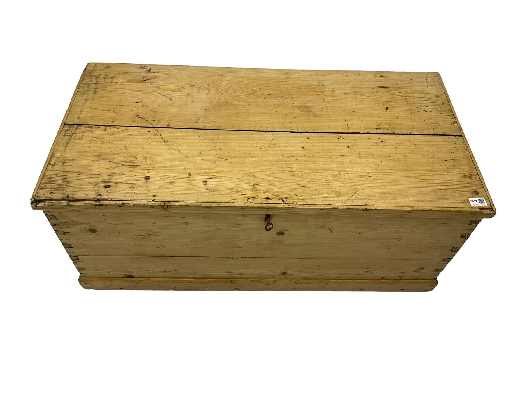 Victorian pine blanket box, hinged lid, with metal carrying handles