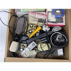 Model railway track and accessories, including various lengths of '00' and other gauge track, trees, artificial grass, various control units, unmade card construction kits for trackside buildings etc in three boxes (3)