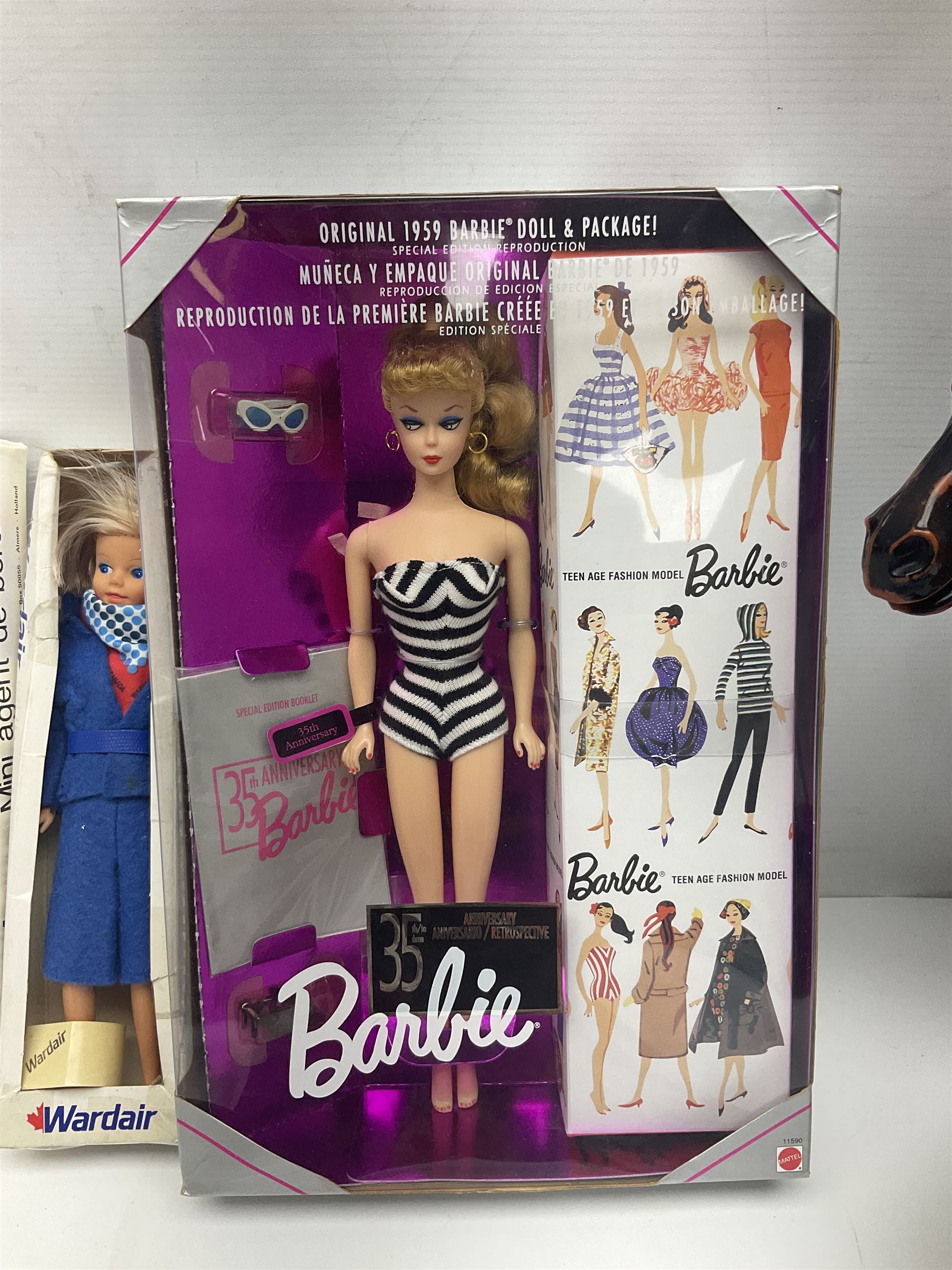 Barbie - 35th Anniversary fashion doll in factory sealed box; incomplete Magical Motorhome; three fashion doll horses; two Wardair flight attendant dolls; and Girl Guide doll with clothing and tent