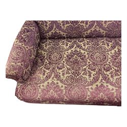 Multi-York - contemporary two-seat sofa, upholstered in damask fabric in shades of burgundy and beige, raised on turned and fluted supports; complete with matching footstool