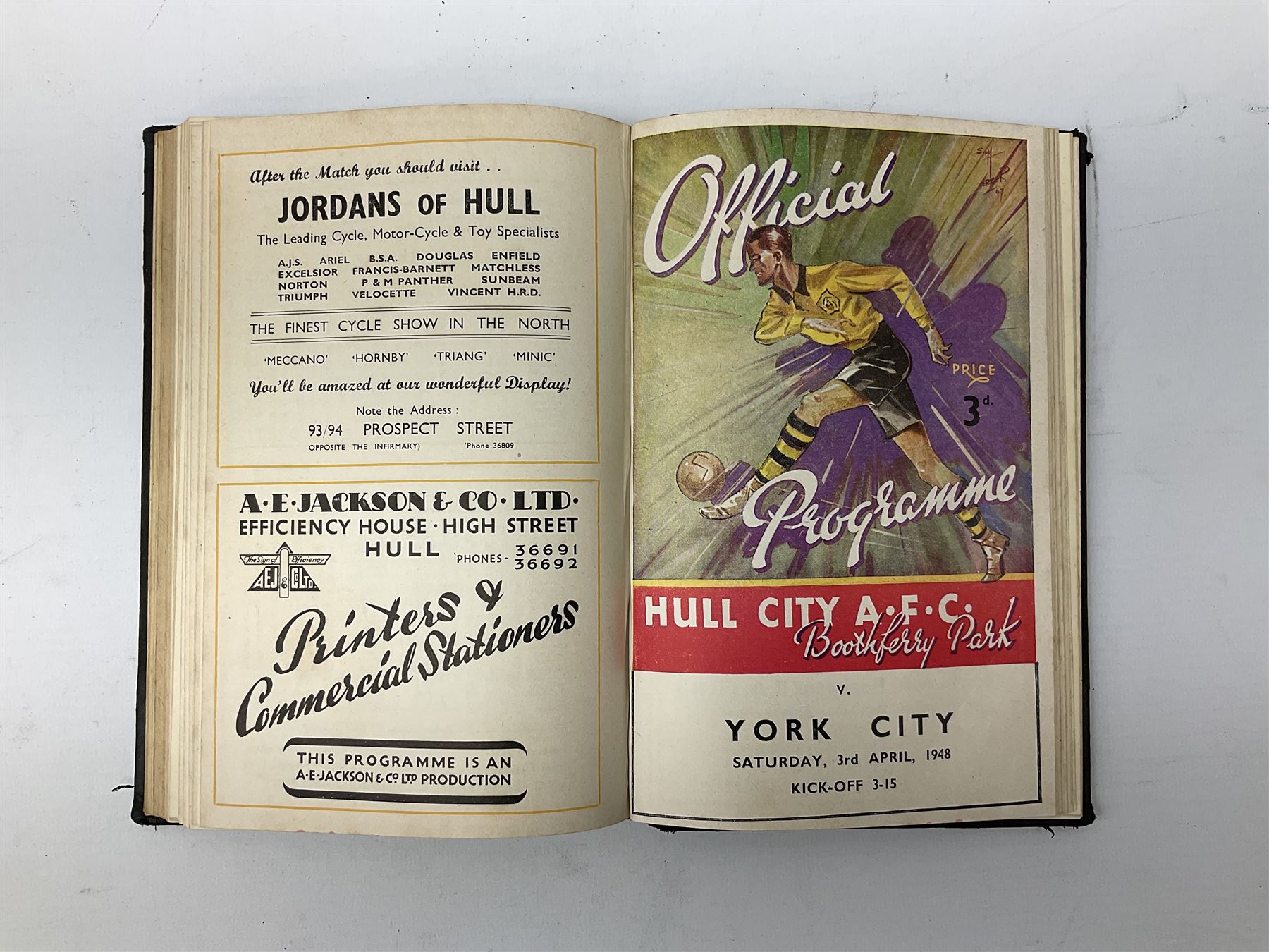 Hull City A.F.C. - two bound volumes of 1940s home match programmes; volume one 1946-7 season containing twenty-six programmes from 31/8/46 to 7/6/47 including Hull City Boys game 5/4/47 against Leicester Boys; volume two 1947-8 season containing twenty-five programmes including Raich Carter's first game 3/4/48 having taken over as player/manager 1/4/48. Uniformly bound in black half leather. Provenance: By direct descent from the family of Raich Carter having been consigned by his daughter Jane Carter.