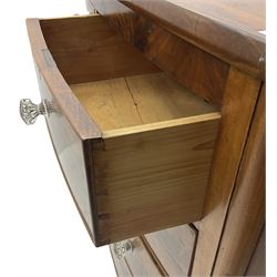 Victorian mahogany bow front chest, fitted with two short over three long graduating cock-beaded drawers, each with glass handles, raised on turned feet