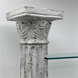 Architectural four shelf glass shelving unit supported by two Corinthian columns, W205cm, H179cm, D30cm