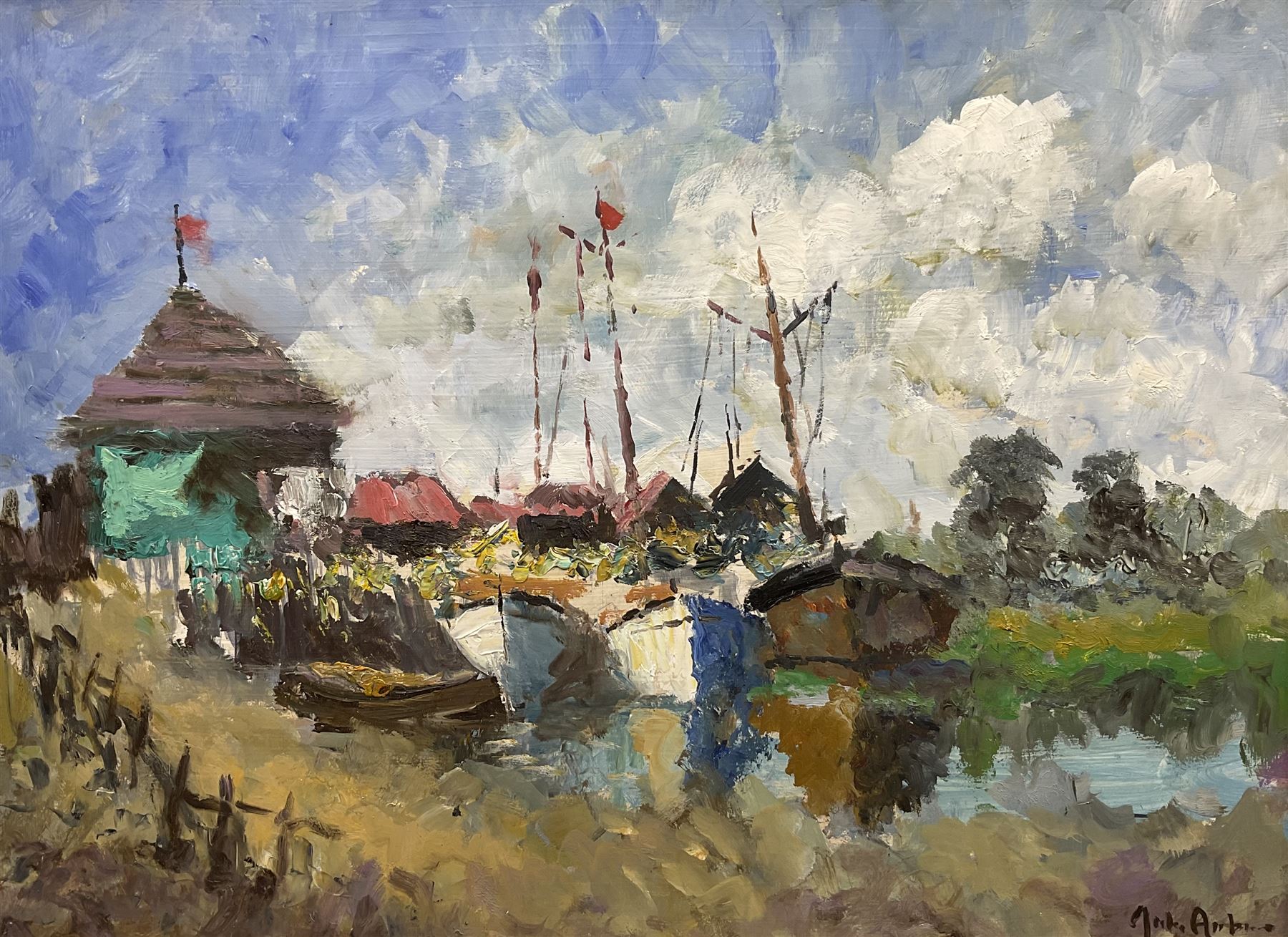 John Ambrose (British 1931-2010): Boats Resting in the Harbour, oil on board signed 29cm x 39cm 