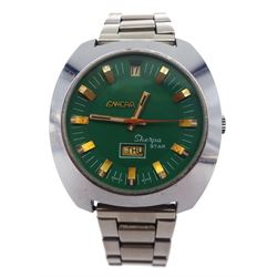 Enicar Sherpa Star automatic gentleman's stainless steel wristwatch, green enamel dial with day date aperture, on stainless steel strap 