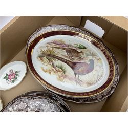 Eight Royal Worcester Palissy Game series dinner plates and one serving platter, together with four Weatherby Falcon ware serving platters etc