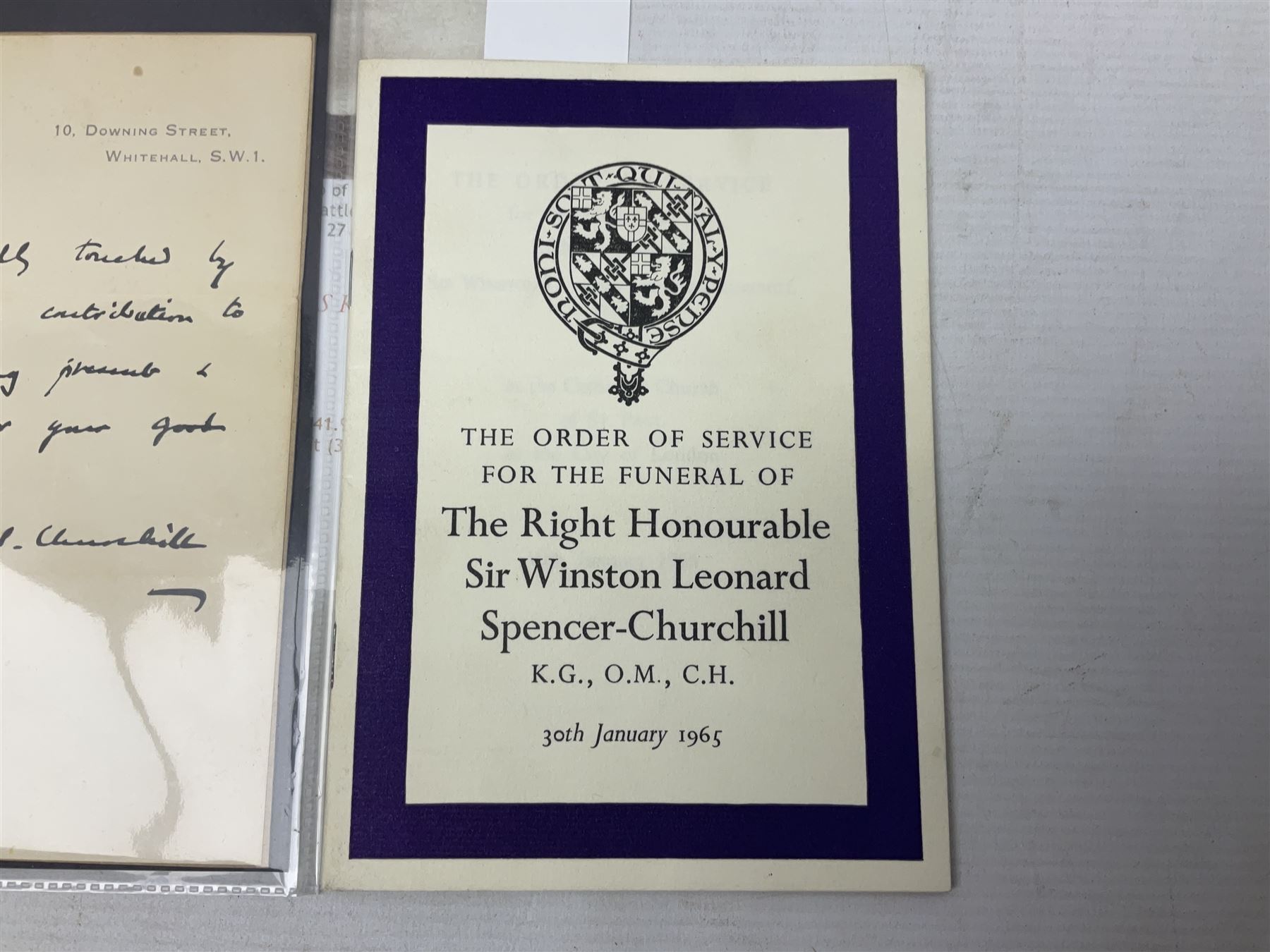 Disbound WW2 album relating to the battleship HMS King George VI containing over fifty various size loose photographs of the ship in action, guns firing, crew members, aircraft, two of George VI on board, three of Winston Churchill on board, official 1942 Christmas messages including Franklin Roosevelt etc; together with unrelated printed letter on 10 Downing Street notepaper from Winston Churchill; and Order of Service for Churchill's funeral at St. Paul's Cathedral 30th January 1965