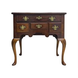 18th century mahogany low-boy, moulded rectangular top over one long and three short drawers, shaped apron over shell carved cabriole supports 