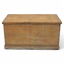 19th century golden oak chest, iron strap carry handles and hinges