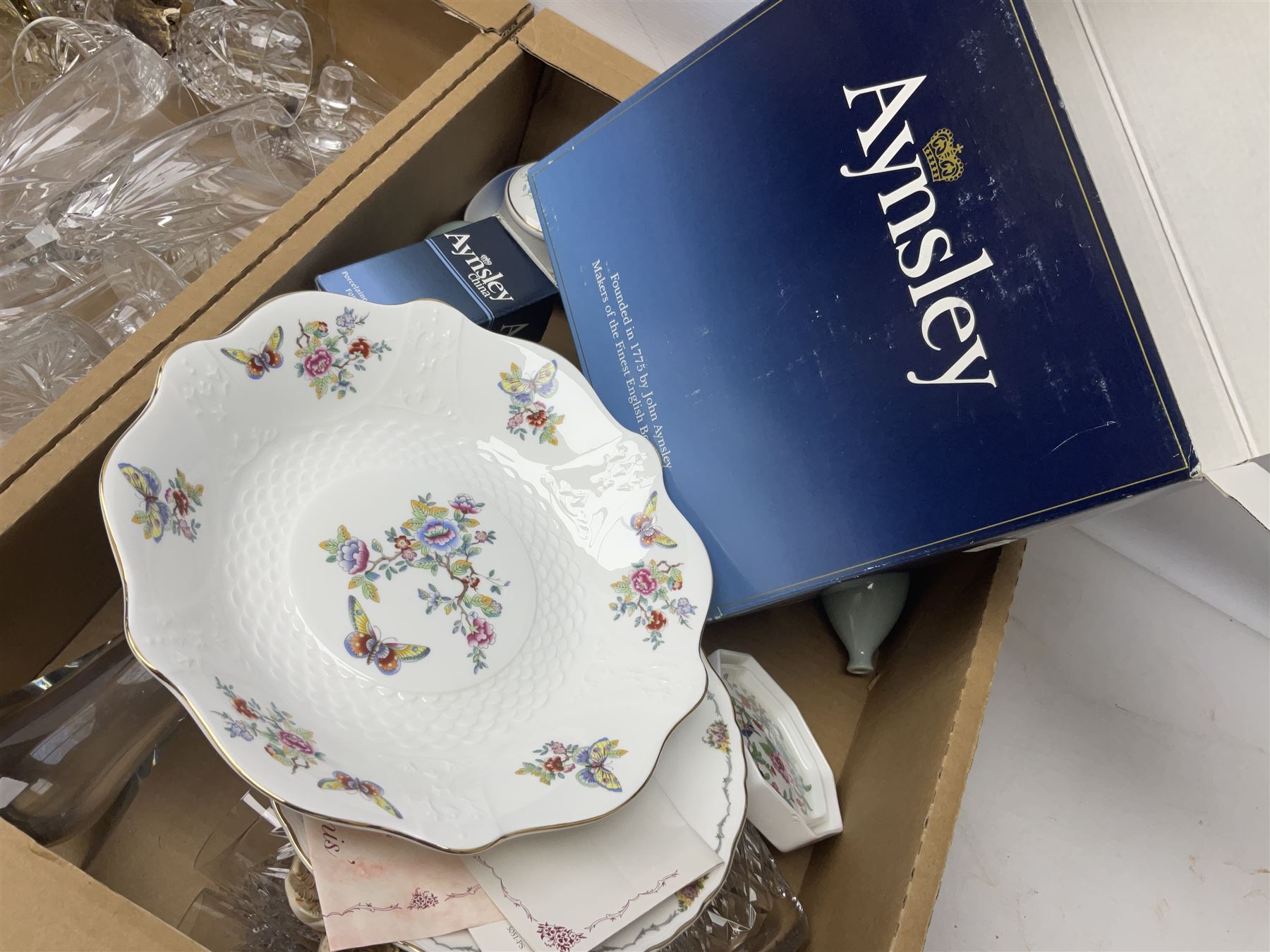 Large Coalport bowl in Hong Kong pattern, together with Coalport mask-head jug, Baccarat glass vase, and other glassware and ceramics, in three boxes 