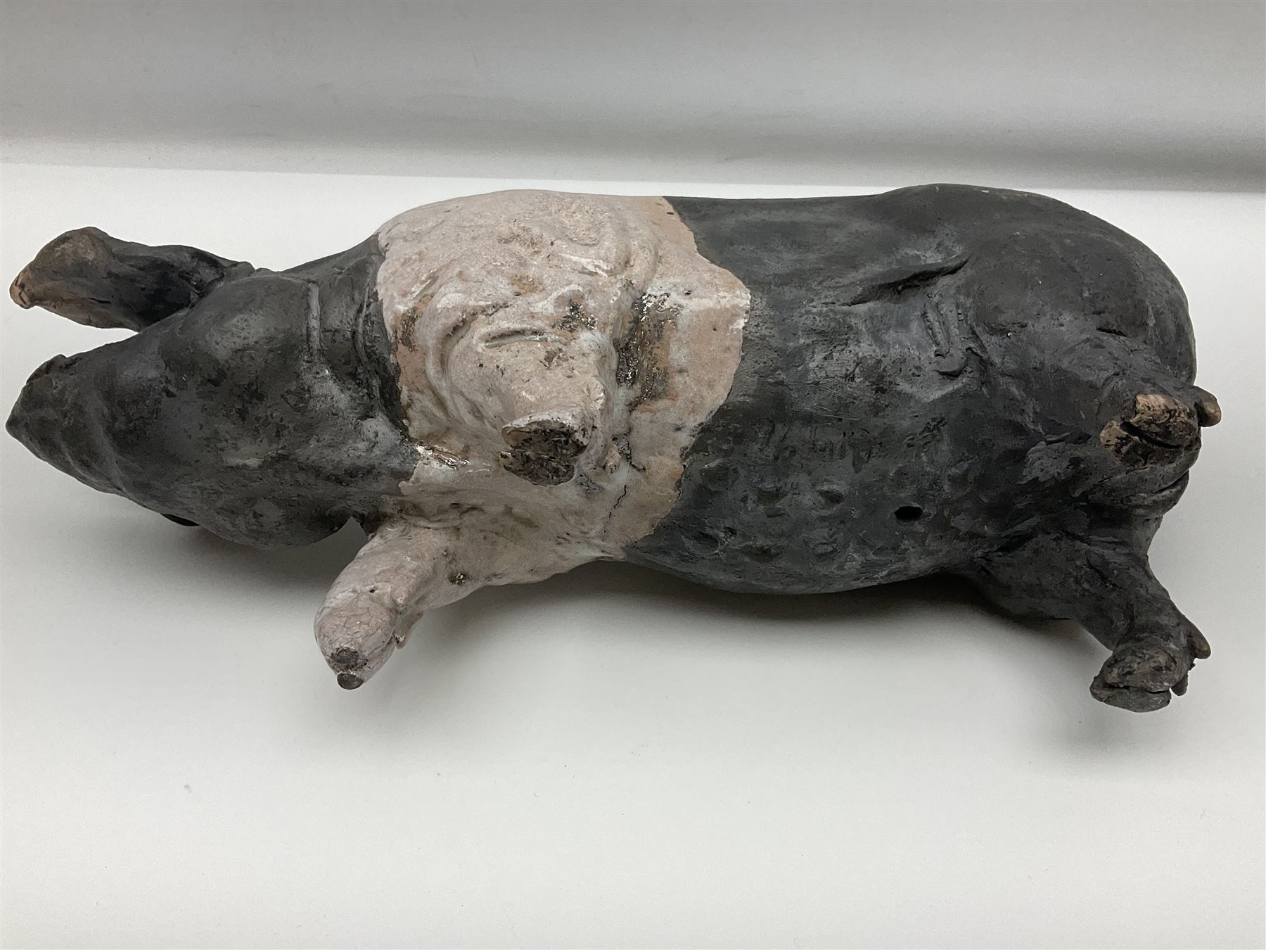 Studio pottery Saddleback pig, with artist signature beneath, H18cm, L39cm