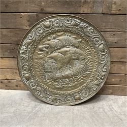 Whisky box, cast iron police sign, embossed brass wall hanging, two small oak cabinets