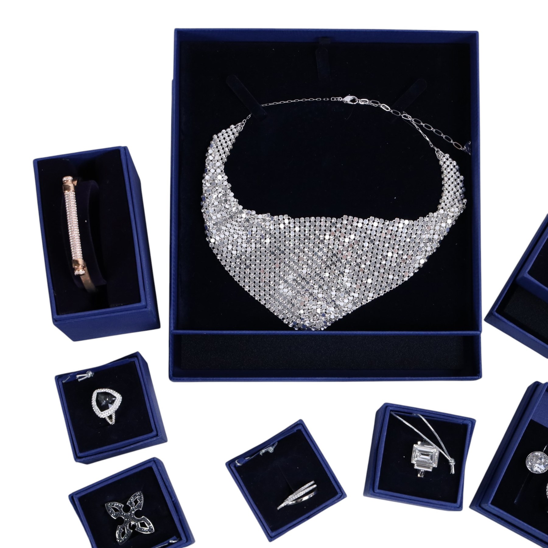 Collection of boxed Swarovski crystal jewellery, including statement necklaces, rings, bracelets and earrings, and a collection of costume jewellery including beaded necklaces