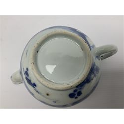 Two late 18th/early 19th century Chinese export teapots, the largest example of globular form with curved handle and straight spout, decorated in the Mandarin style with figural scenes surrounded by red scale reserves, H13.5cm, the second smaller example decorated in underglaze blue with two musicians in a landscape set with willow tree and fence, H10.5cm

