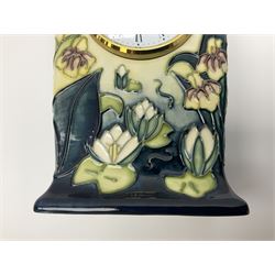 Moorcroft mantel clock, decorated in Bulrush and Water Lily pattern, with impressed and printed marks beneath, H15.5cm