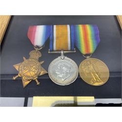 WWI group of three medals with bronze memorial plaque comprising 1914-15 Star, British War Medal and Victory Medal awarded to 16554 Pte. T. Andrew Linc. R. who died on 26th July 1916 whilst travelling to Vimy Ridge, polished and mounted for display in a frame; together with small archive of research material and two WWII V.E. Day Presentation Certificates from the people of Holbeach in Lincolnshire