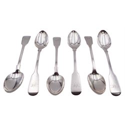 Set of six William IV provincial silver Fiddle pattern tea spoons, hallmarked James Barber, George Cattle II & William North, York 1833, approximate total weight 3.32 ozt (103.3 grams)	