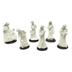 Six Royal Worcester figures, comprising The Wedding Day, New Arrival, The Christening, First Steps, Once Upon a Time and Sweet Dreams, all with printed marks beneath 
