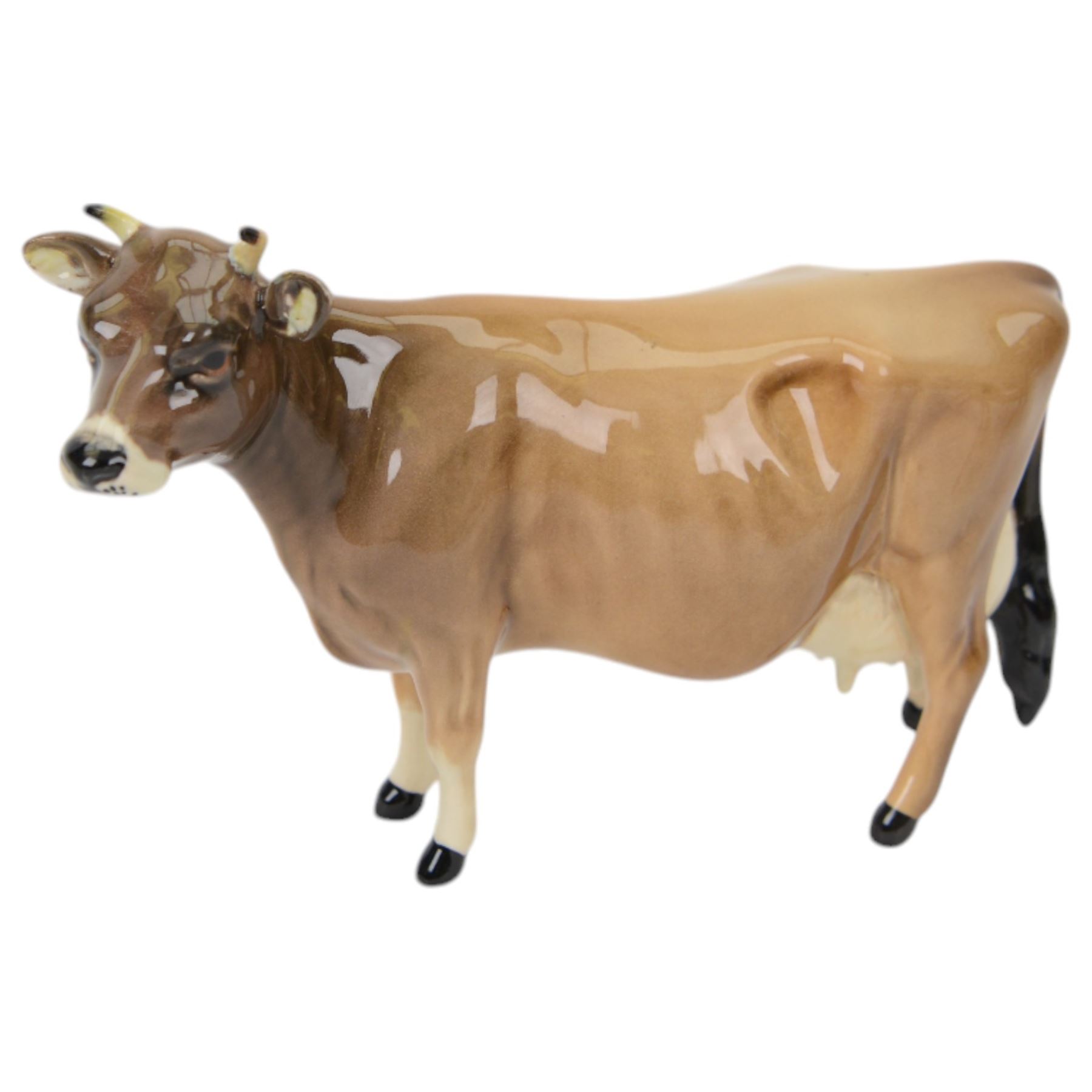 Five Beswick figures, Jersey family group; Bull Ch. Dunsley Coy Boy, model 1422, Cow Ch. Newton Tinkle, model 1345 and Calf, Hereford Bull and Fox 