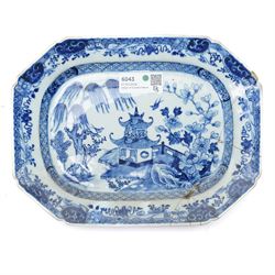  18th century Chinese export platter decorated in blue and white with a river landscape W40cm and two other Chinese export platters (3)
