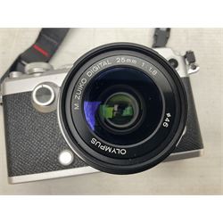 Olympus PEN-F camera body, with 'Olympus M- Zuiko Digital 25mm 1: 1.8' lens,  'Olympus M- Zuiko Digital 75-300mm 1: 4.8 - 6.7' lens and  'Olympus M- Zuiko Digital 17mm 1: 1.8' lens, with original box, together with Lowepro camera bag