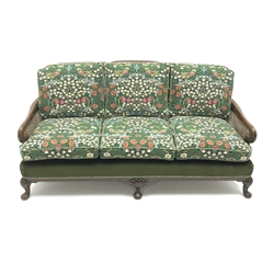  Queen Anne style walnut framed Bergere settee, upholstered in Sanderson Blackthorn fabric by William Morris, shell carved cabriole legs on pad feet, W180cm  