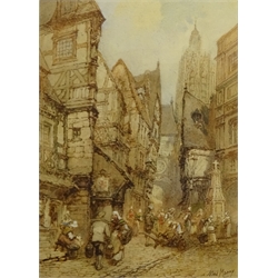  Paul Marny (French/British 1829-1914): Continental Street with Figures, watercolour signed 43cm x 31cm  