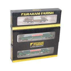 Graham Farish 'N' gauge rolling stock, comprising 373-785 Set of TTA Tank Wagons Shell Black Weathered, two 377801 FNA Nuclear Flask Wagon Flat Floor 550023, 377802 FNA Nuclear Flask Wagon Sloping Floor 550038, two 377075Y 7 Plank Wagons Leamington Priors and 377350 International Bogie Wagon with 45 Containers 'Seawheel', all boxed 