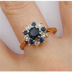 18ct gold sapphire and round brilliant cut diamond cluster ring, Birmingham 1966