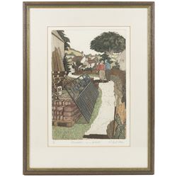 Michael Atkin (Scarborough 1952-): 'Conversation on a Footpath', limited edition coloured etching signed titled and numbered 5/60 in pencil, 37cm x 25cm