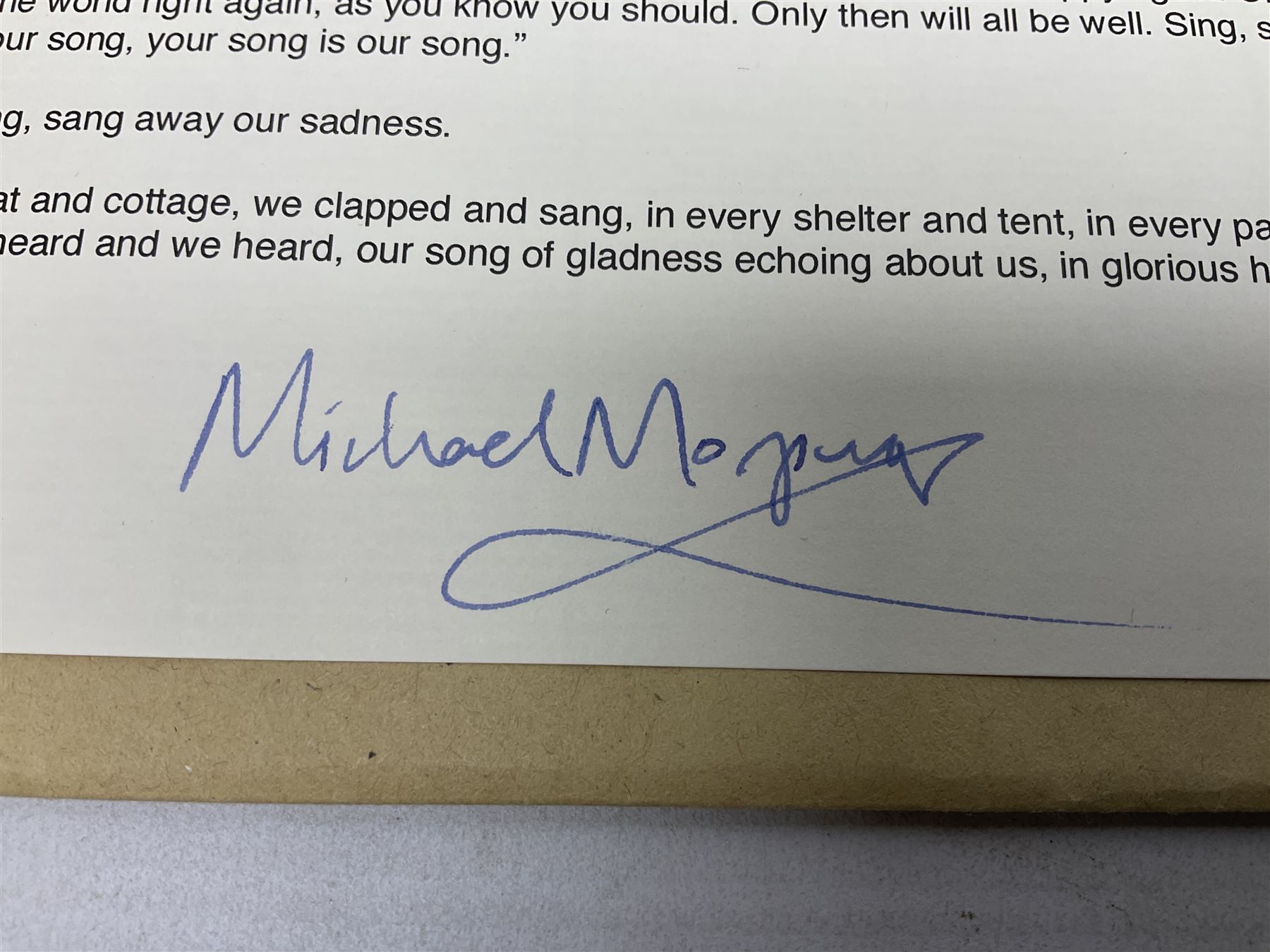 Michael Morpurgo (British 1943-): 'A Song of Gladness', printed poem on A4 signed and dedicated 'For Ingrid' in blue ink 
Provenance: dedicated to the vendor's sister