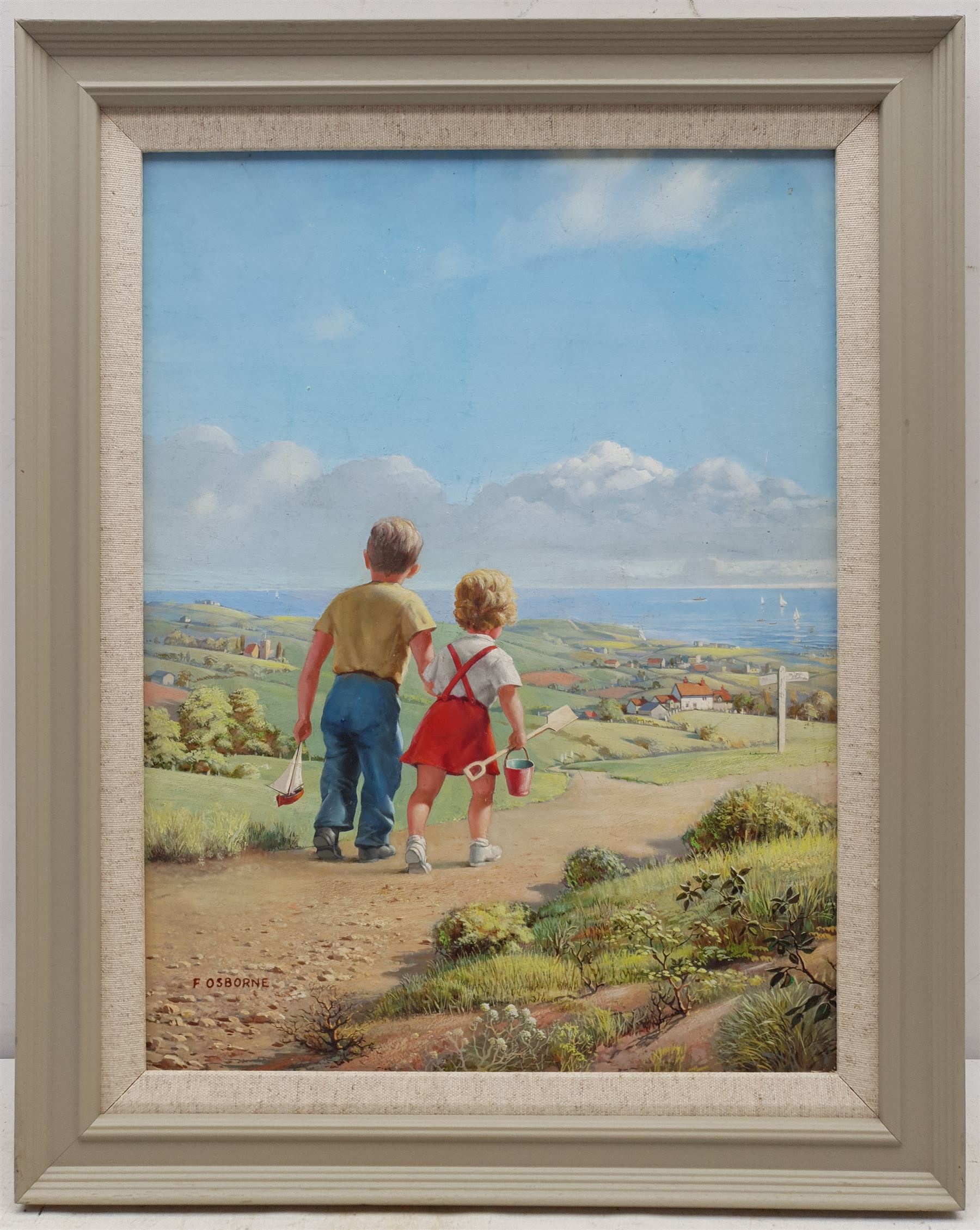 Frank Osborne (British 1885-1972): The Road to the Sea, gouache signed 38cm x 29cm 
Provenance: painted in 1964 and sold to the artist's agents A. Vivian Mansell & Co Ltd on 13th Feb 1964 for 30 guineas. 
Notes: Frank Osborne was a postcard and greeting card artist and illustrator who lived in Robin Hood's Bay. Little of his work has come on to the open market as the majority was sold with copyright. The present painting probably depicts a fictionalised landscape above Fylingthorpe, near Whitby. We are grateful for the artist's estate for their help in cataloguing this lot.