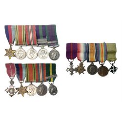 Three miniature groups of five medals - OBE Military group with WW1 trio and Italy Order of Saints Maurice & Lazarus Knights Cross; MBE Military group with WW2 trio and Territorial Efficiency Decoration; and WW2 trio, General Service Medal 1918-62 with Brunei and Arabian Peninsula clasps and GSM 1962 with Borneo clasp; all with ribbons on pinned wearing bars (3)
