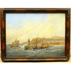 Colin Russell (British 1932-2009): Fishing Boats returning to Whitby Harbour, oil on canvas signed 44cm x 60cm; Roy (Royston) Buckley (British 20th century): 'Scarborough Pierhead 1890', acrylic on board signed 46cm x 62cm (2)