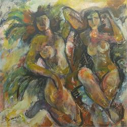 Francis Perera (Sri Lankan 1931-): 'Women at the Pool', oil on canvas signed, titled verso 68cm x 68cm
Notes: Perera a noted Sri Lankan artist has had many solo exhibitions both in his home country and overseas. He is a six time winner of the Presidential Award, represented Sri Lanka in Washington DC to commemorate the 50th anniversary of its independence, exhibited at the Royal Commonwealth Society in 2002, and at the 20th International Art Festival in Germany.