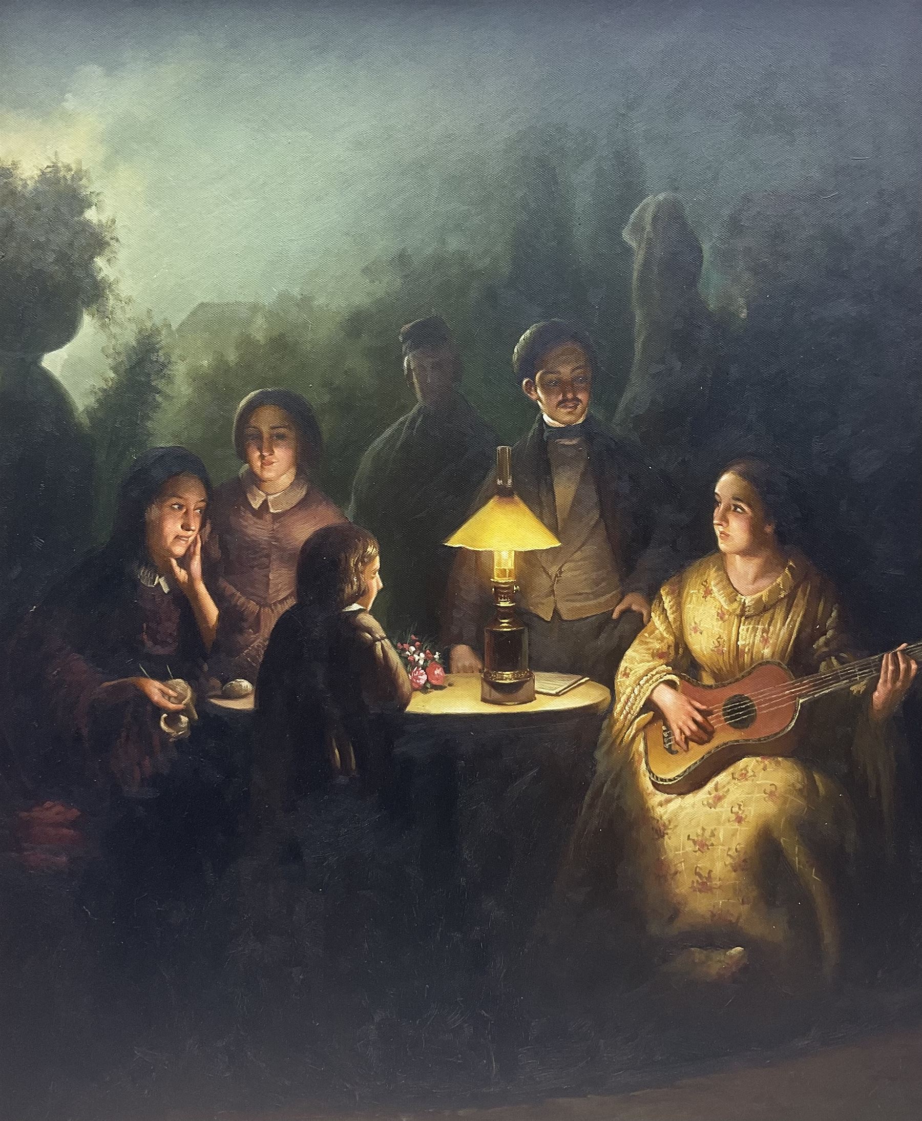 After Petrus van Schendel (Dutch 1806-1870): A Summer Evening by Lamp and by Moonlight, oil on board unsigned 59cm x 49cm 