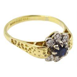 18ct gold sapphire and diamond chip cluster ring, hallmarked