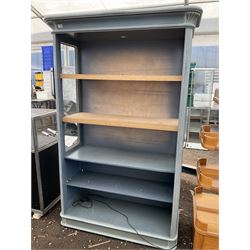 Open bookcase in blue finish, reed moulded upright corners enclosing four shelves - THIS LOT IS TO BE COLLECTED BY APPOINTMENT FROM DUGGLEBY STORAGE, GREAT HILL, EASTFIELD, SCARBOROUGH, YO11 3TX