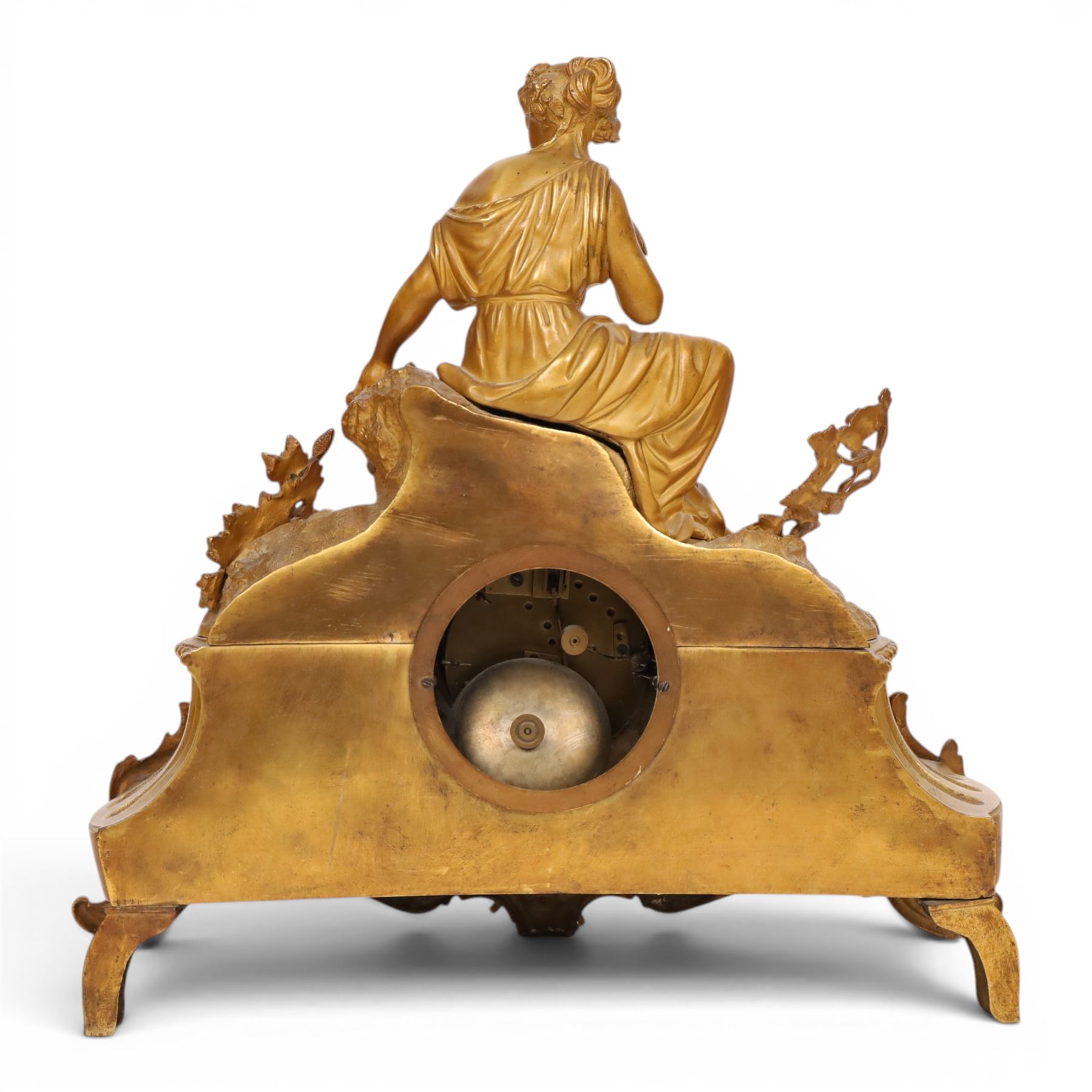 19th century French ormolu mantel clock, retailed by J & W Marshall, Paris, surmounted with a figure of in neo classical dress, with enamelled Roman dial marked James & Walter Marshall, H39cm 