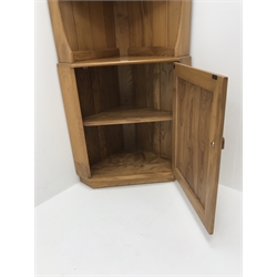 ercol light elm corner cabinet, two fixed shelves above single cupboard,  W77cm, H180cm