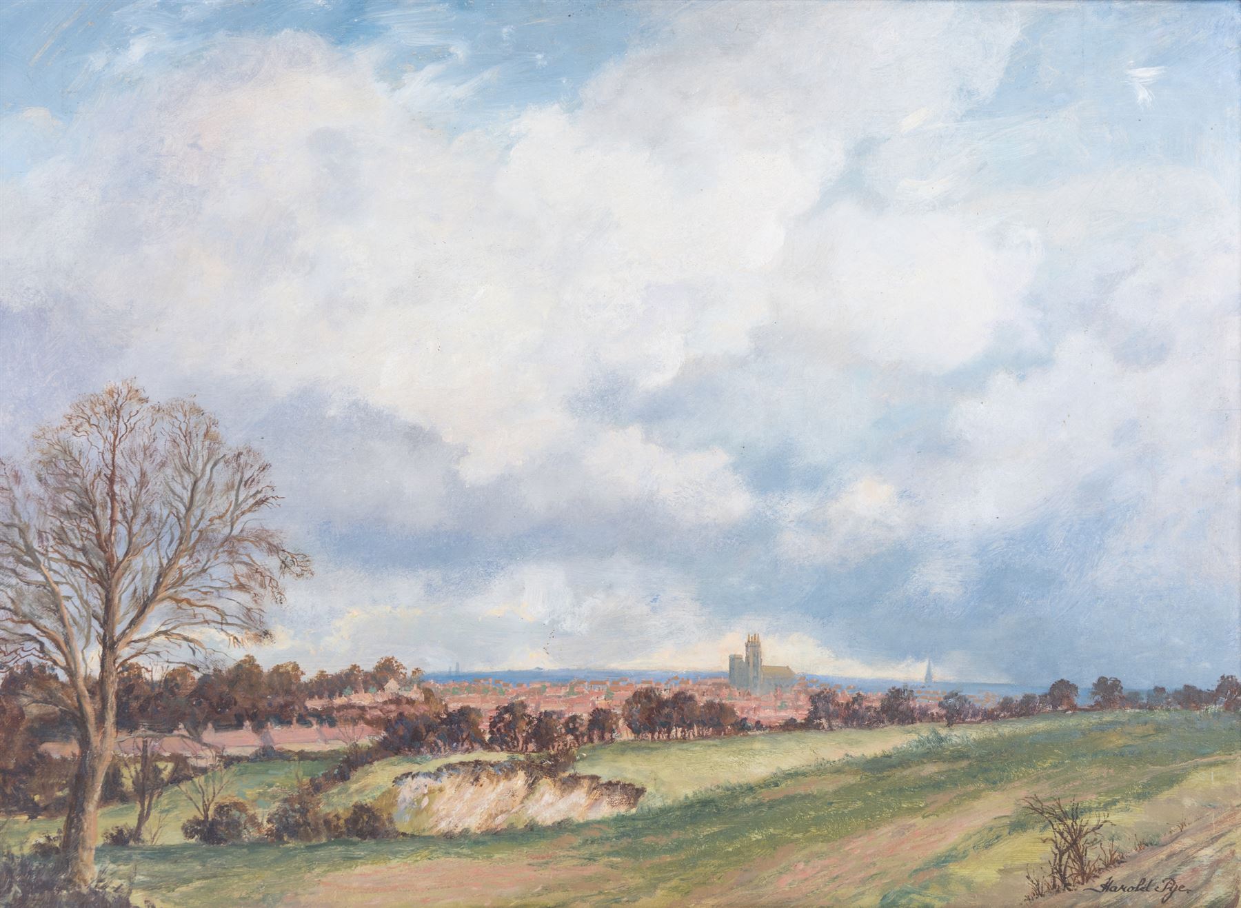 Harold Pye (Fylingdales Group Mid-20th Century): View Towards Bridlington, oil on board signed 55cm x 75cm 