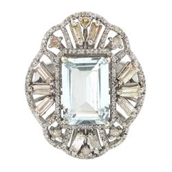 Large silver aquamarine and diamond pierced design ring, the central emerald cut aquamarine of approx 3.75 carat, with baguette and round brilliant cut diamond surround, total diamond weight approx 1.75 carat