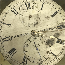 Mid 19th century marine chronometer by 'Cameron, Liverpool', silvered Roman dial, serial no. '1715', four pillar chain fusee movement with detent escapement, engine turned movement plates, dial diameter - 10cm, total diameter - 12.5cm
