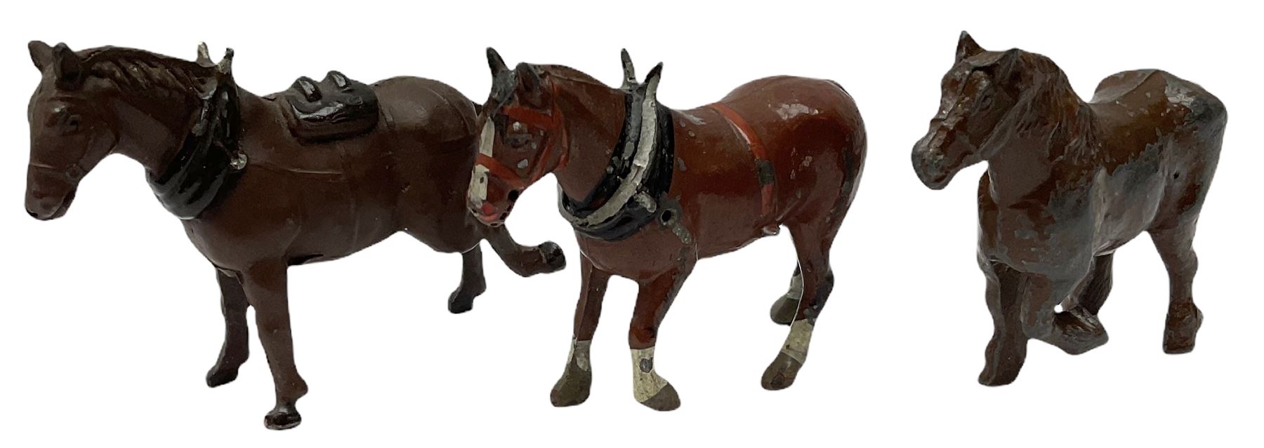 Lead figures by F.G. Taylor, Britains, Johilco, Crescent, Stoddart etc comprising twenty-six horses including three with riders and seven donkeys/ponies; various scales (33)